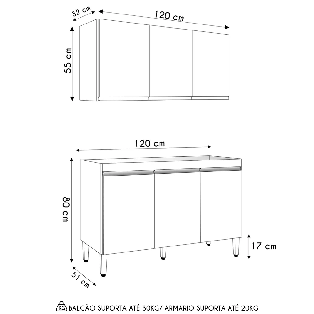 Armário Andréia e Balcão Sem Tampo 120cm Manu Preto/Amêndoa - AJL Móveis