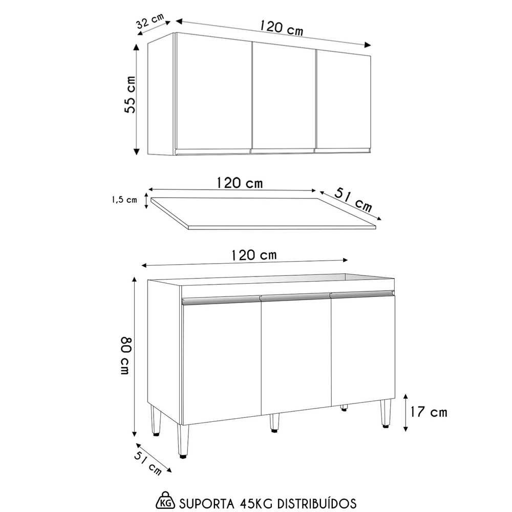 Armário Andréia e Balcão Com Tampo 120cm Manu Preto/Amêndoa - AJL Móveis