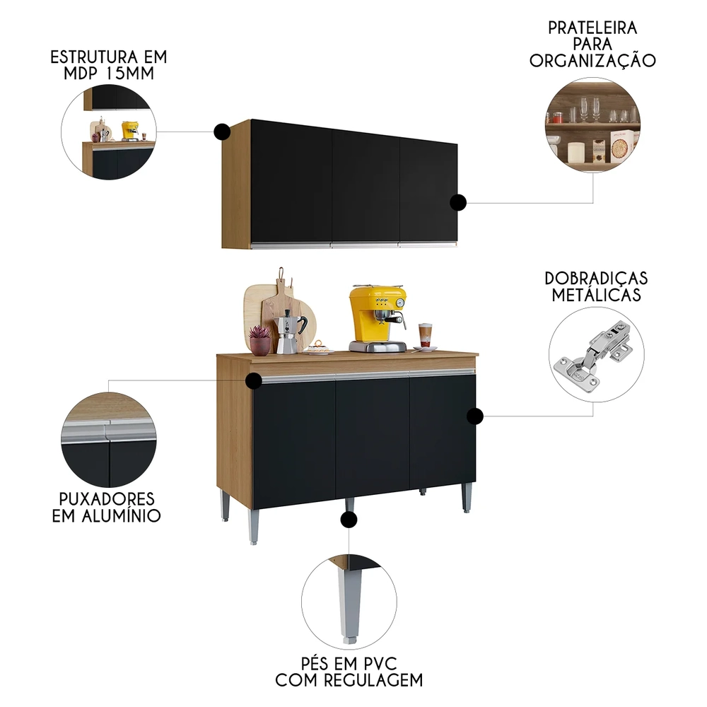 Armário Andréia e Balcão Com Tampo 120cm Manu Preto/Amêndoa - AJL Móveis