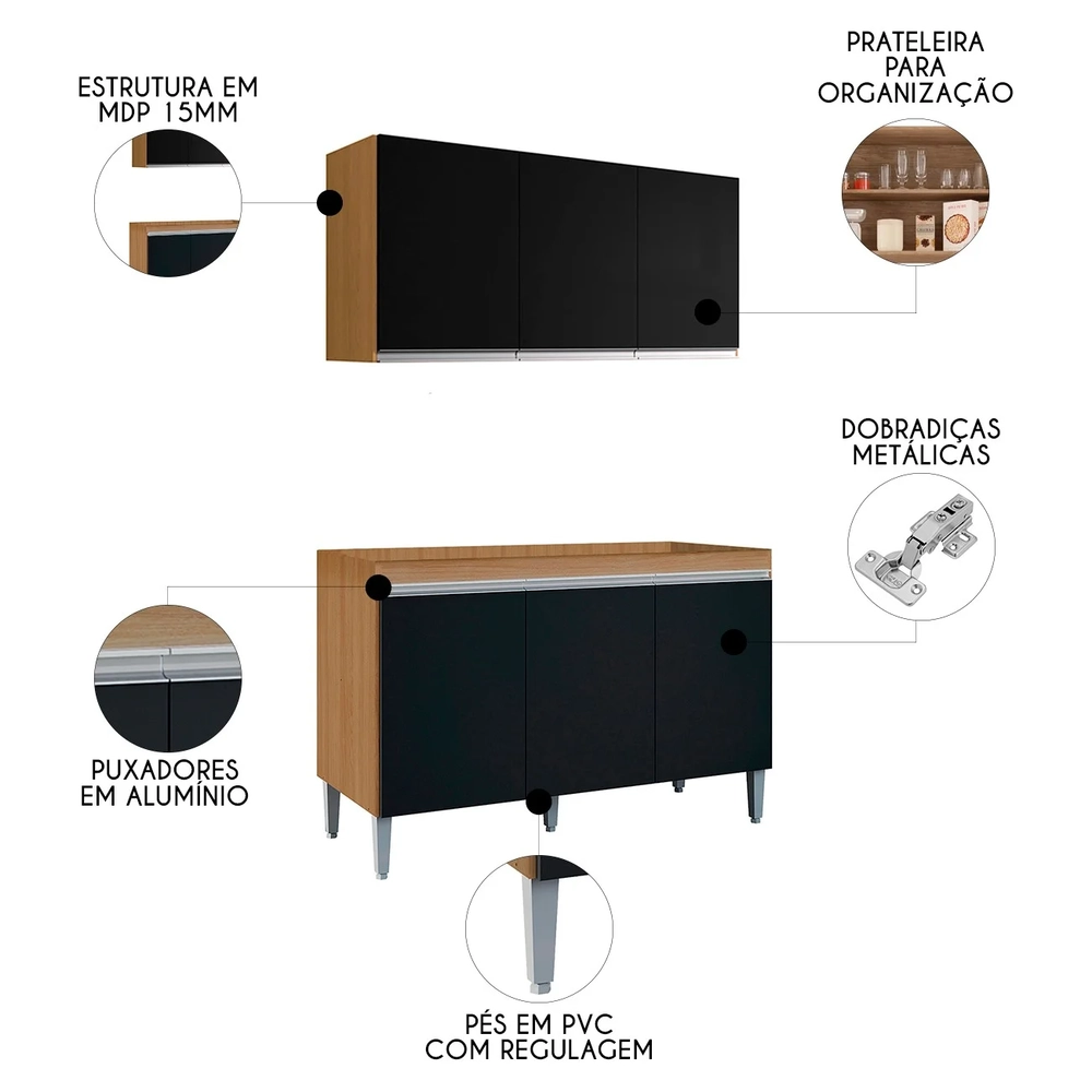 Armário Andréia e Balcão Com Pia 120cm Manu Preto/Amêndoa - AJL Móveis