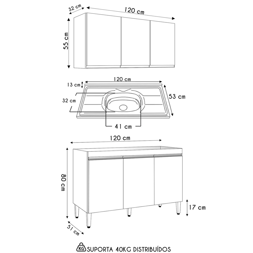 Armário Andréia e Balcão Com Pia 120cm Manu Preto/Amêndoa - AJL Móveis