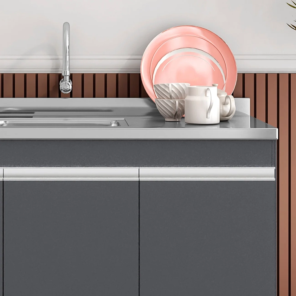 Balcão de Cozinha Com Pia Inox 120cm 3 Portas Manu Cinza - AJL Móveis