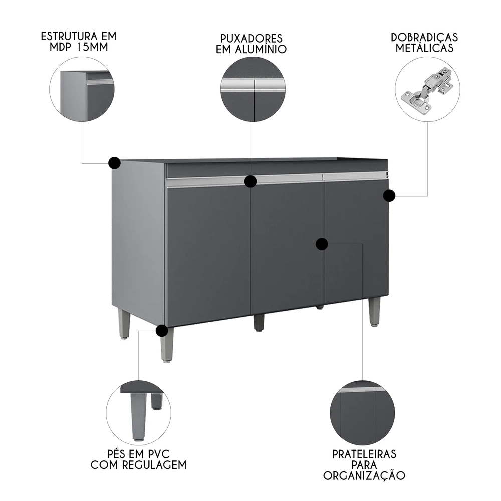 Balcão de Cozinha Com Pia Inox 120cm 3 Portas Manu Cinza - AJL Móveis