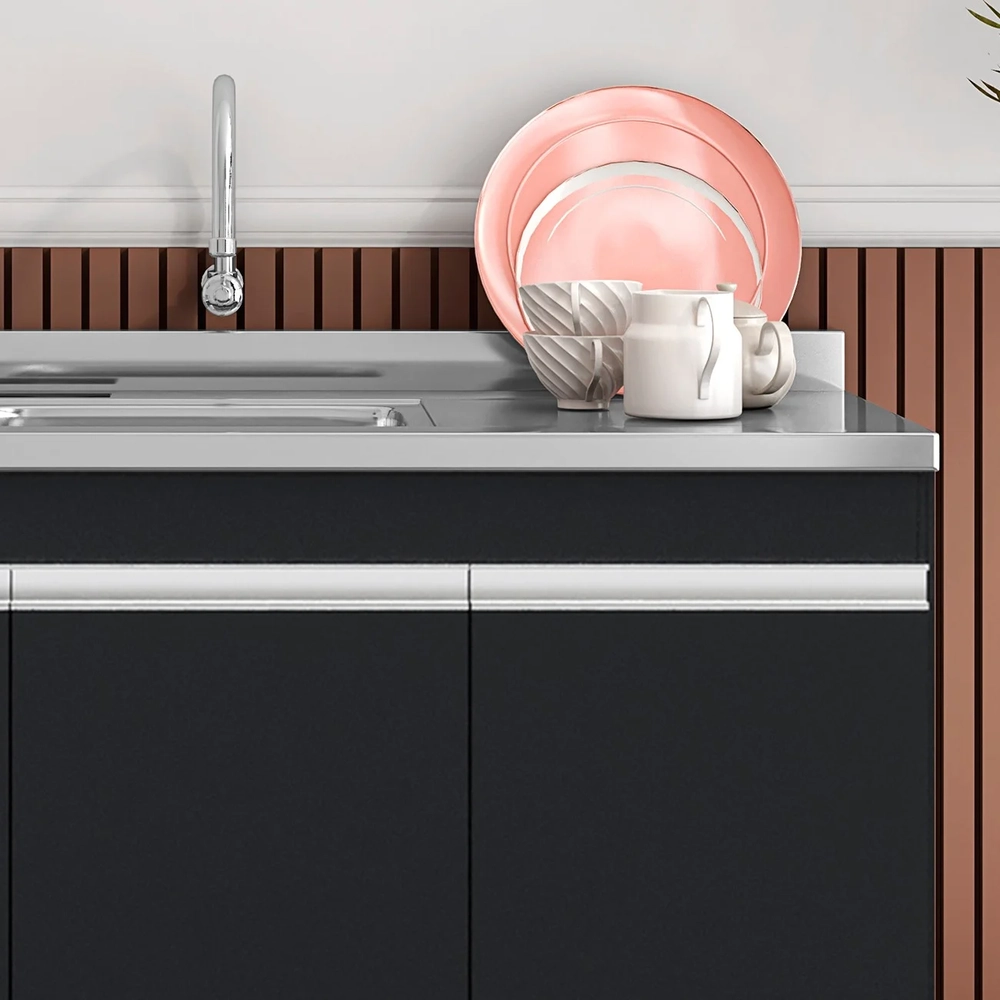 Balcão de Cozinha Com Pia Inox 120cm 3 Portas Manu Preto - AJL Móveis