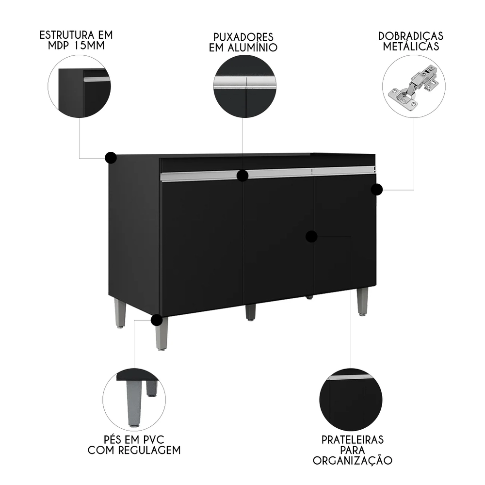 Balcão de Cozinha Com Pia Inox 120cm 3 Portas Manu Preto - AJL Móveis