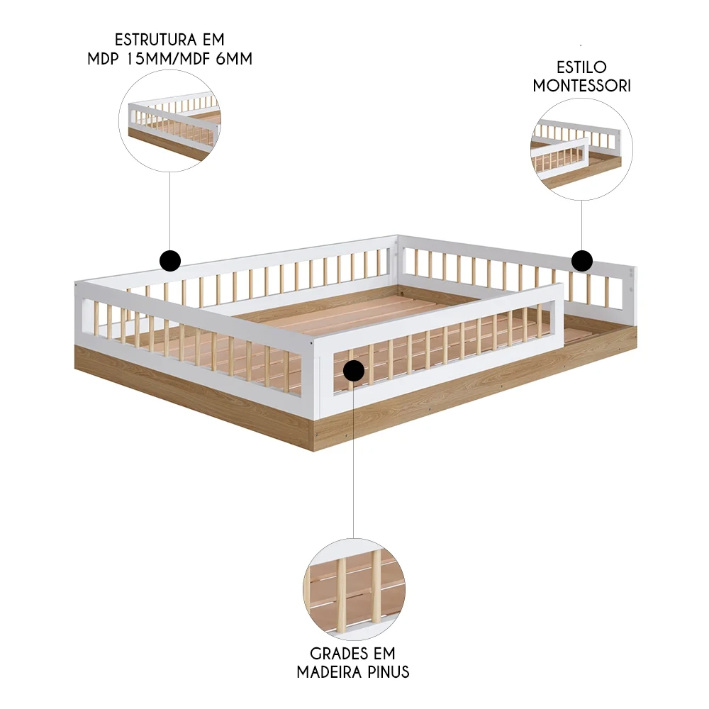 Cama Montessoriana Infantil 140cm Lumiar C06 Aveiro/Branco - Mpozenato
