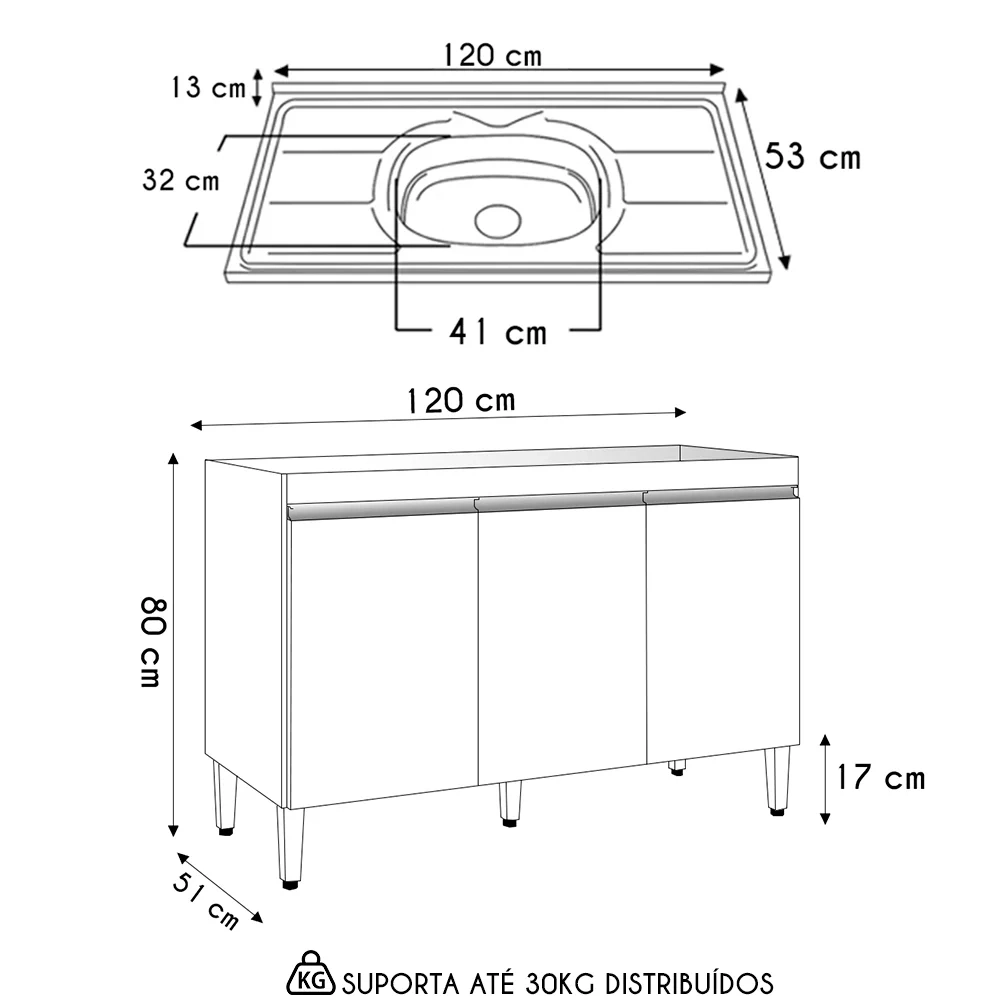 Balcão de Cozinha Com Pia Inox 120cm 3 Portas Manu Branco - AJL Móveis