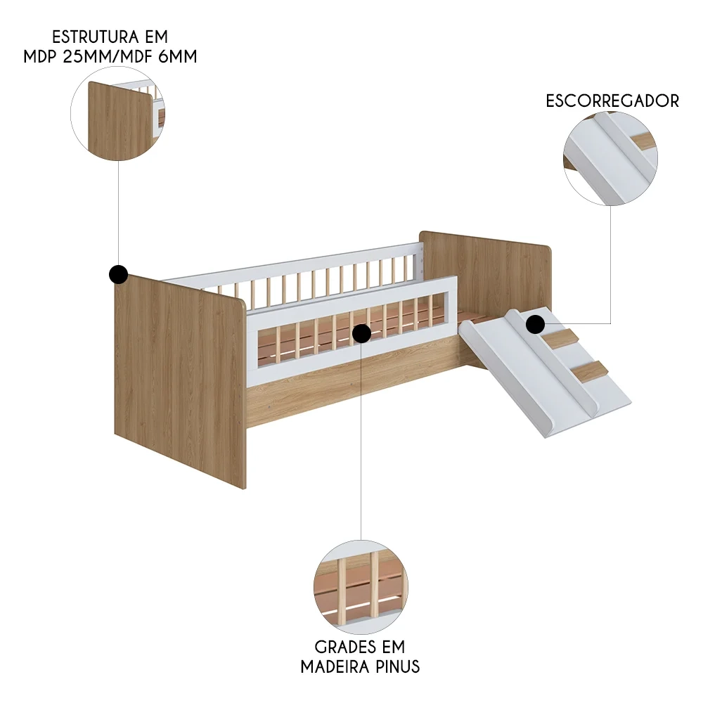 Cama Infantil Com Escorregador Lumiar C06 Aveiro/Branco - Mpozenato