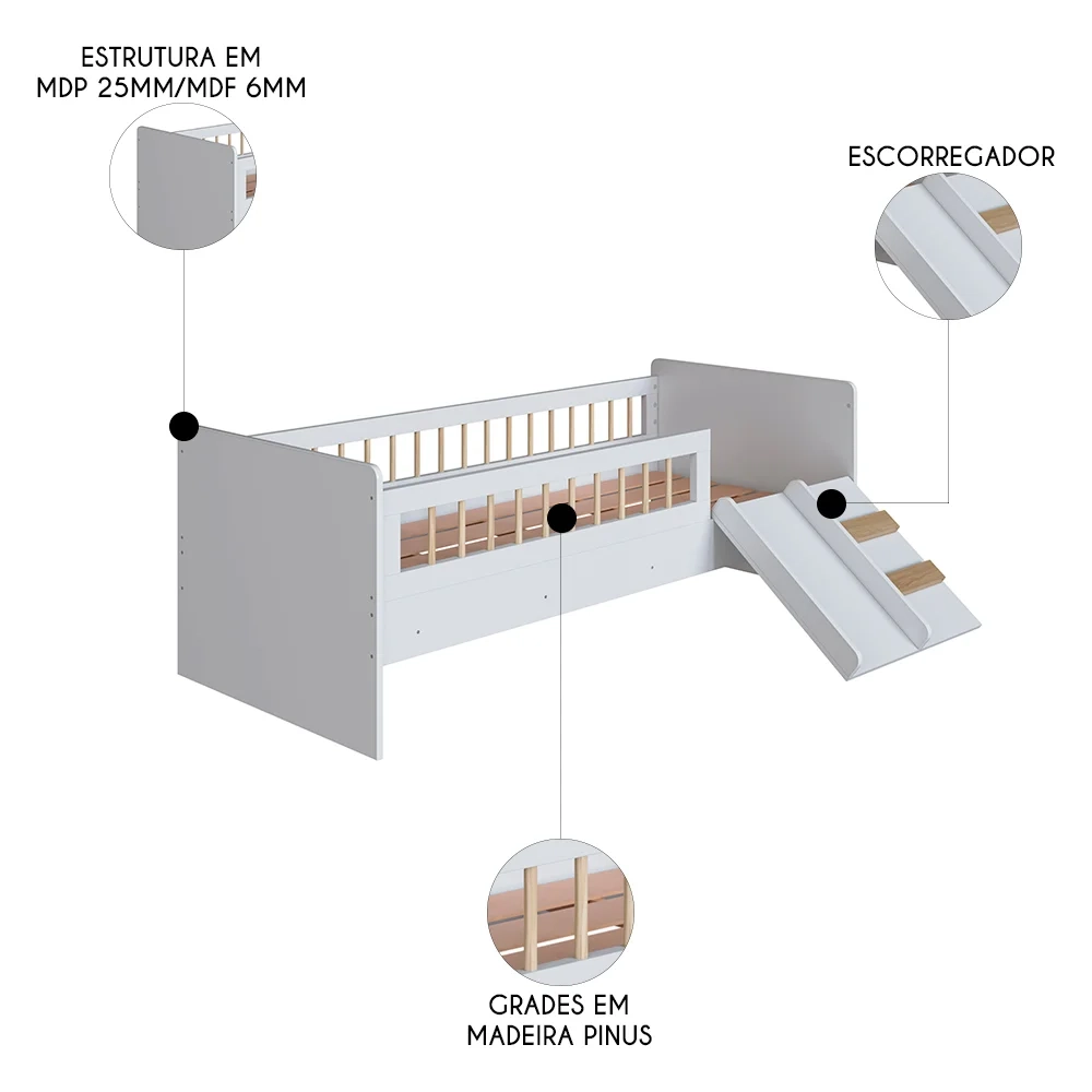 Cama Infantil Com Escorregador Lumiar C06 Branco - Mpozenato