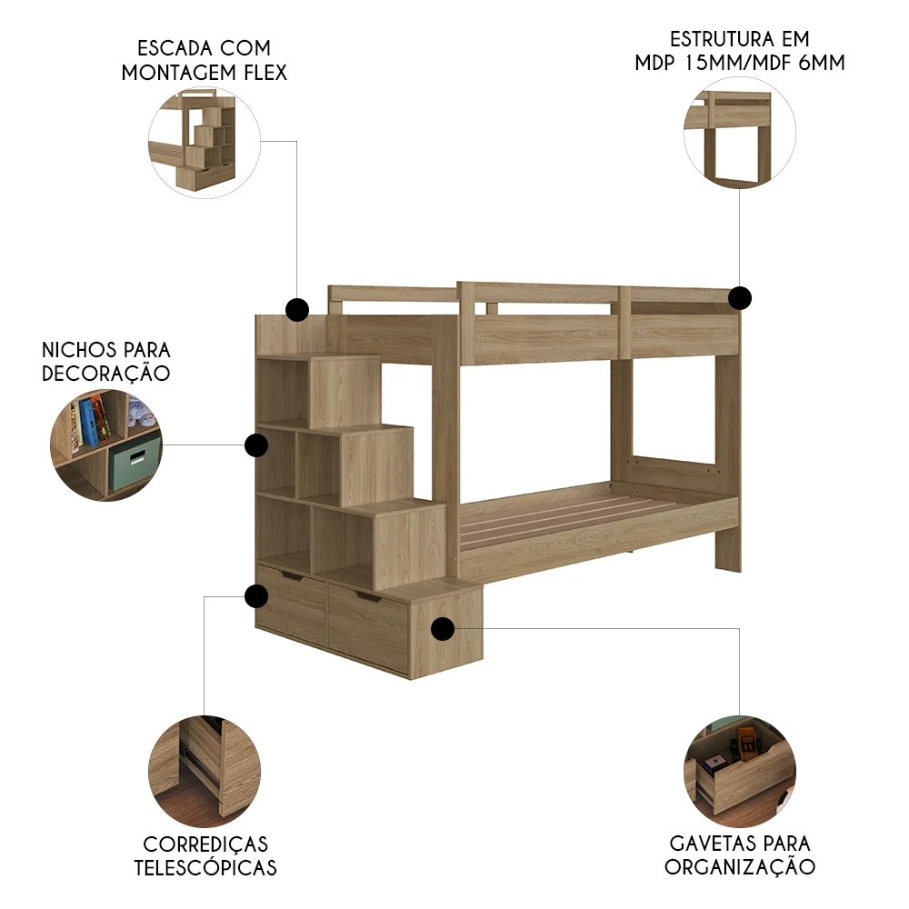 Beliche Infantil Com Escada Nichos e Gavetas Infix C06 Aveiro - Mpozenato