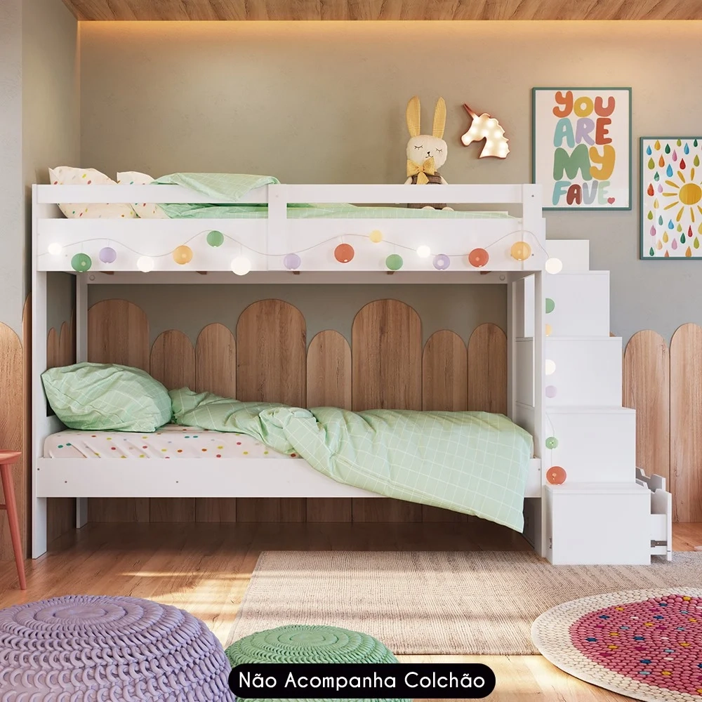 Beliche Infantil Com Escada Nichos e Gavetas Infix C06 Branco - Mpozenato