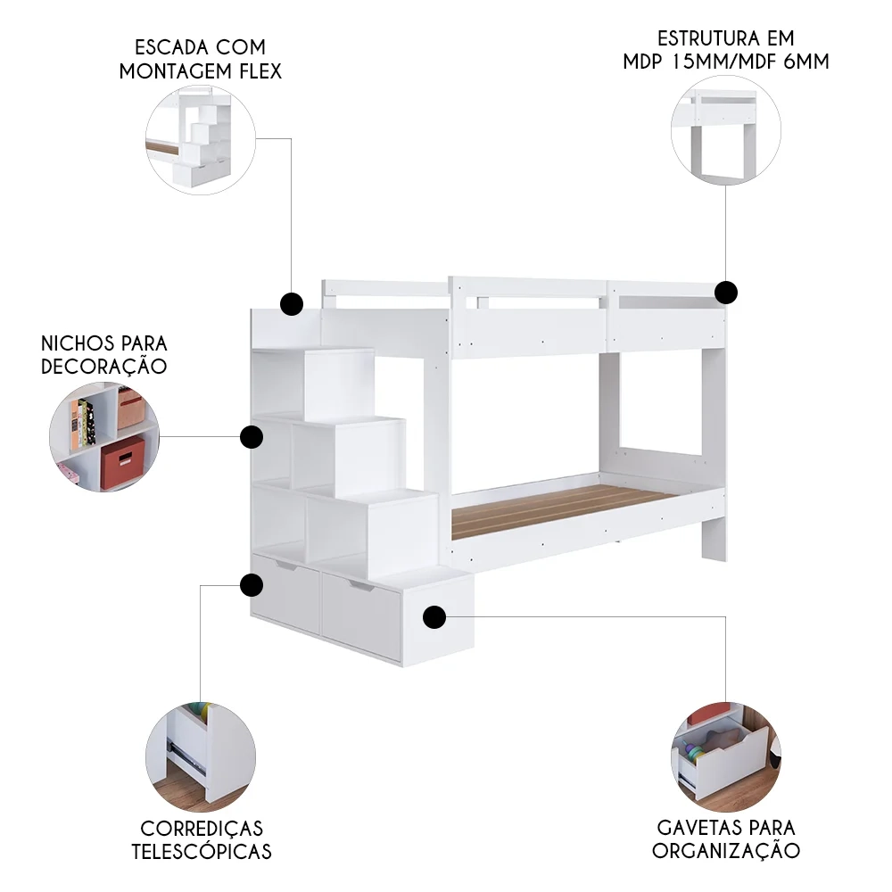 Beliche Infantil Com Escada Nichos e Gavetas Infix C06 Branco - Mpozenato