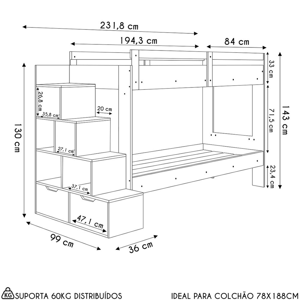 Beliche Infantil Com Escada Nichos e Gavetas Infix C06 Branco - Mpozenato