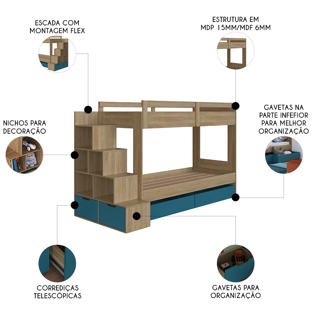 Beliche Infantil Com Escada e 4 Gavetas Infix C06 Aveiro/Azul - Mpozenato