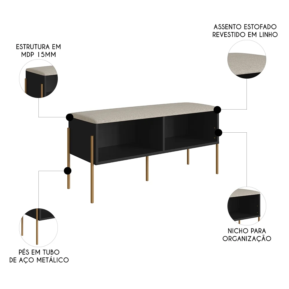 Banco Sapateira Estofada Para Quarto Pé Metal Arlo A10 Nero/Dourado - Mpozenato