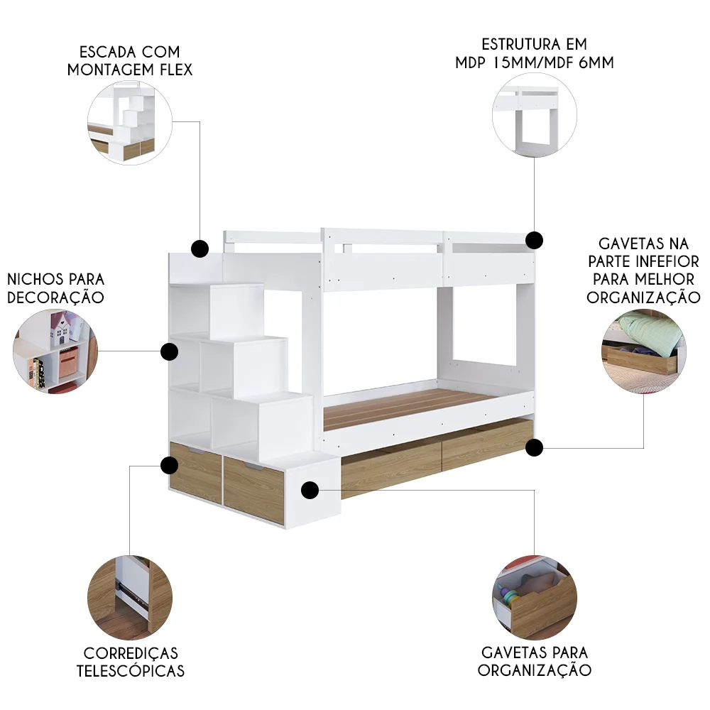 Beliche Infantil Com Escada e 4 Gavetas Infix C06 Branco/Aveiro - Mpozenato