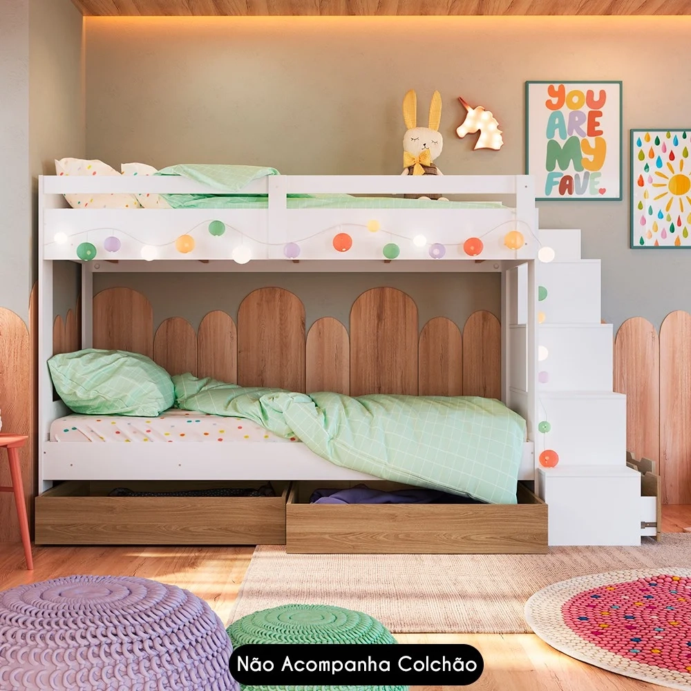 Beliche Infantil Com Escada e 4 Gavetas Infix C06 Branco/Aveiro - Mpozenato
