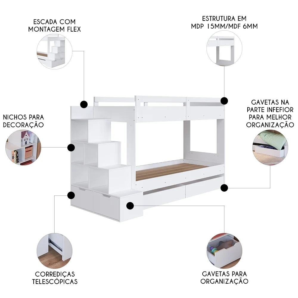 Beliche Infantil Com Escada e 4 Gavetas Infix C06 Branco - Mpozenato