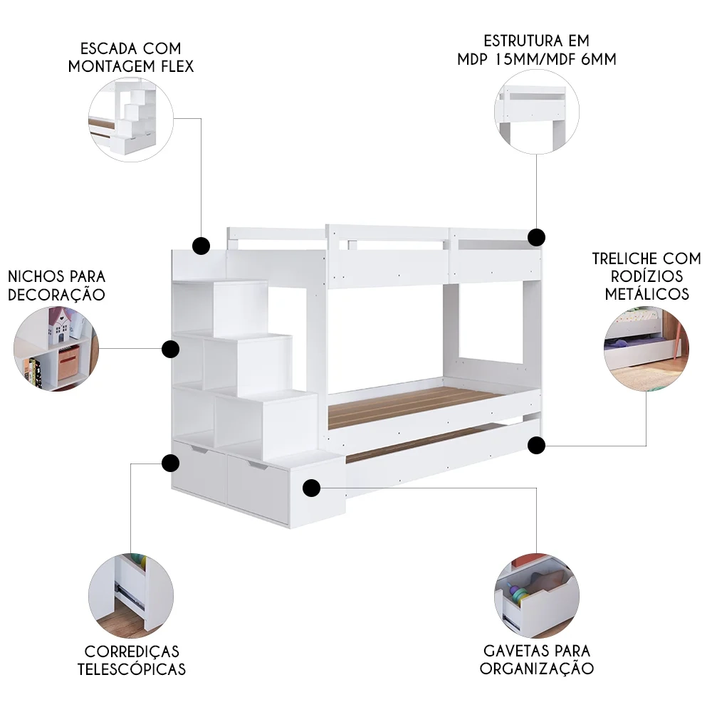 Treliche Infantil Com Escada e Nichos Infix C06 Branco - Mpozenato