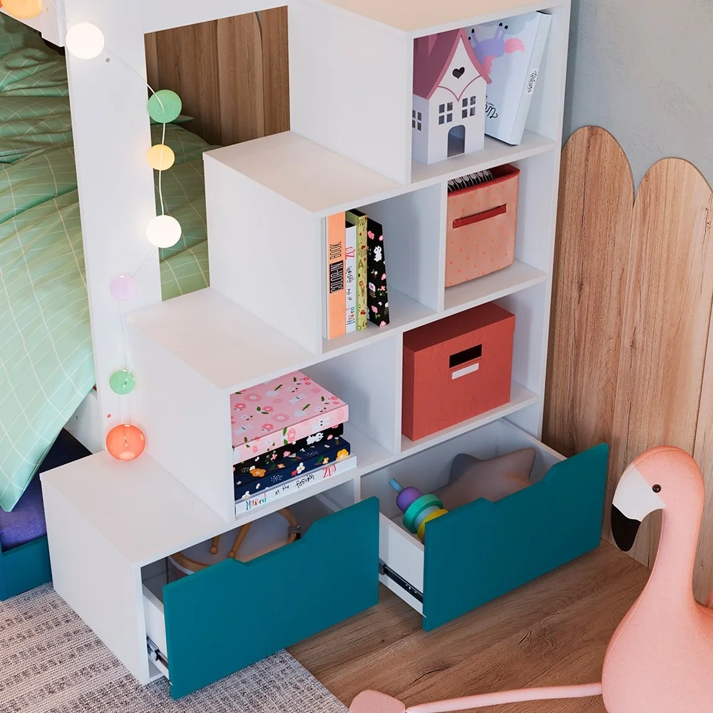 Beliche Infantil Com Escada e 4 Gavetas Infix C06 Branco/Azul - Mpozenato