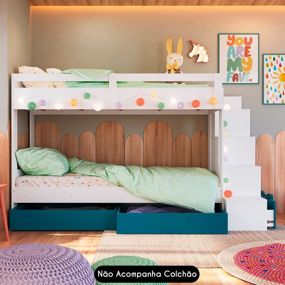 Beliche Infantil Com Escada e 4 Gavetas Infix C06 Branco/Azul - Mpozenato