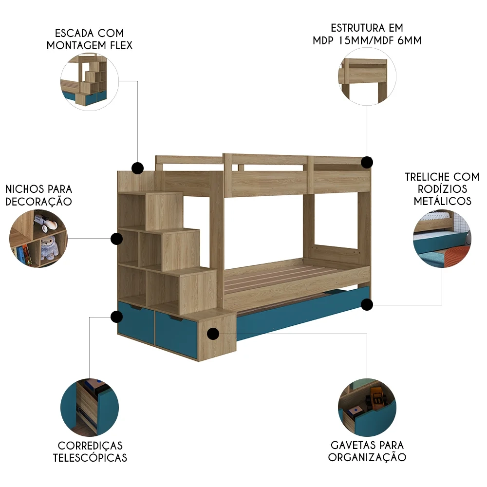 Treliche Infantil Com Escada e Nichos Infix C06 Aveiro/Azul - Mpozenato