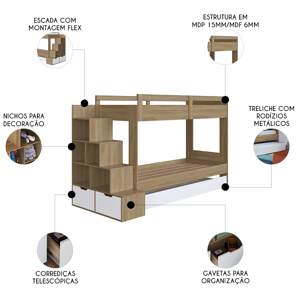 Treliche Infantil Com Escada e Nichos Infix C06 Aveiro/Branco - Mpozenato