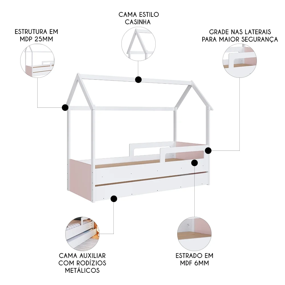 Cama Infantil Casinha Com Auxiliar Infix C06 Branco/Rosa - Mpozenato