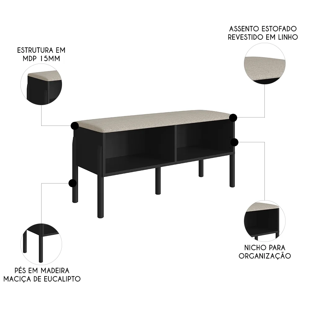 Banco Sapateira Estofada Para Quarto Pés Madeira Arlo A10 Nero/Preto - Mpozenato