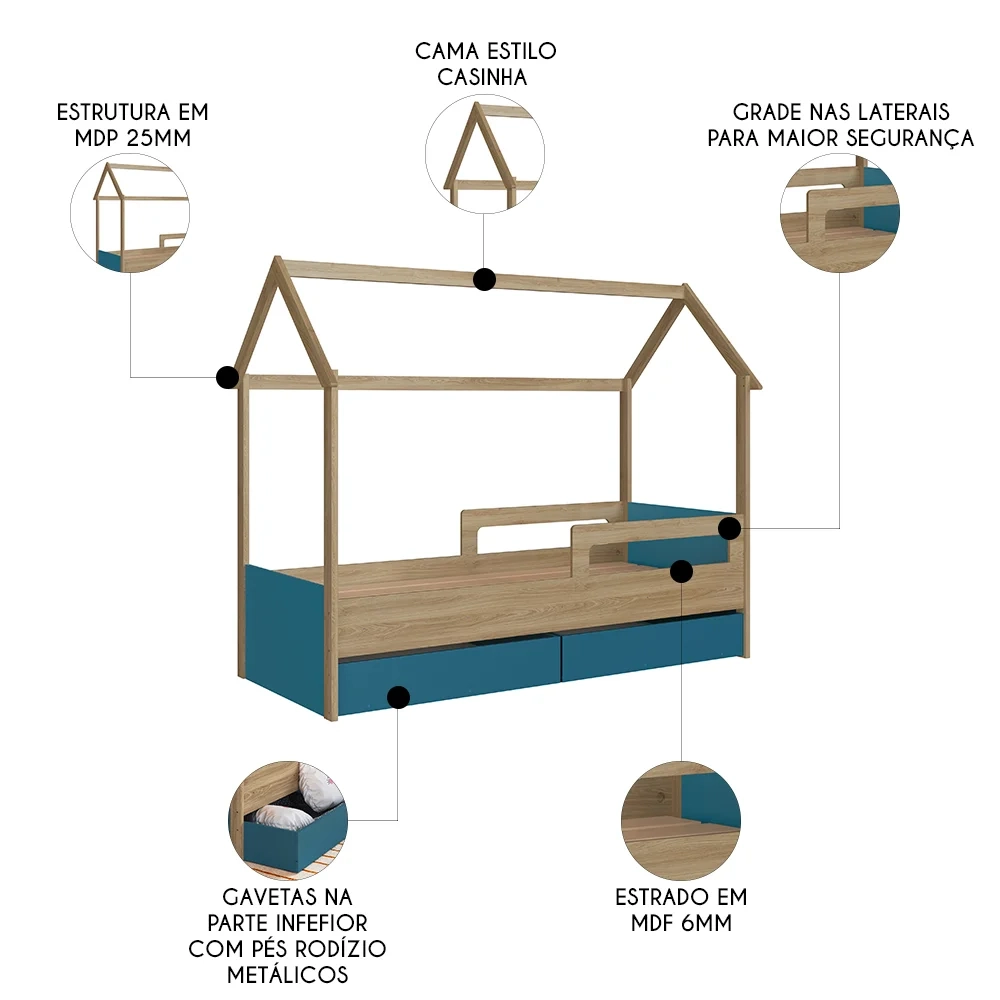 Cama Infantil Casinha Com 2 Gavetas Infix C06 Aveiro/Azul - Mpozenato
