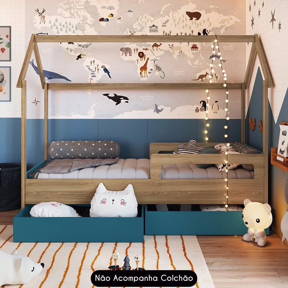 Cama Infantil Casinha Com 2 Gavetas Infix C06 Aveiro/Azul - Mpozenato