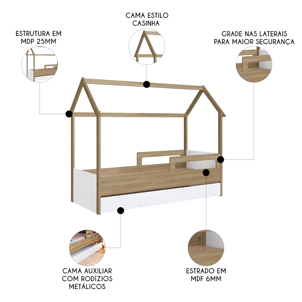 Cama Infantil Casinha Com Auxiliar Infix C06 Aveiro/Branco - Mpozenato