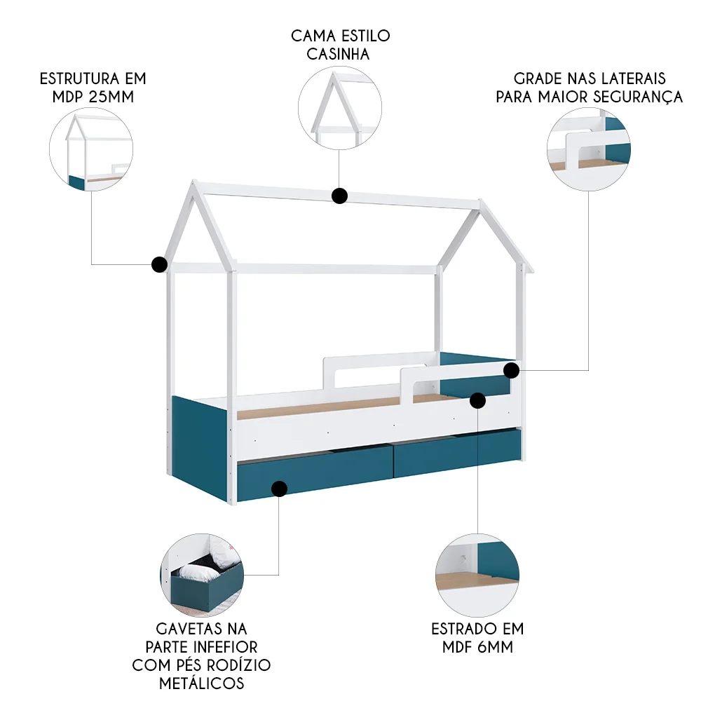 Cama Infantil Casinha Com 2 Gavetas Infix C06 Branco/Azul - Mpozenato