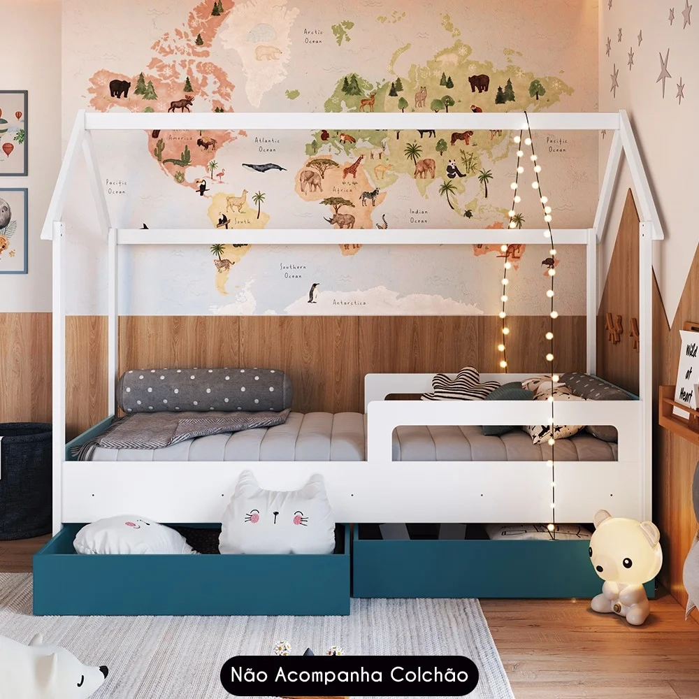 Cama Infantil Casinha Com 2 Gavetas Infix C06 Branco/Azul - Mpozenato
