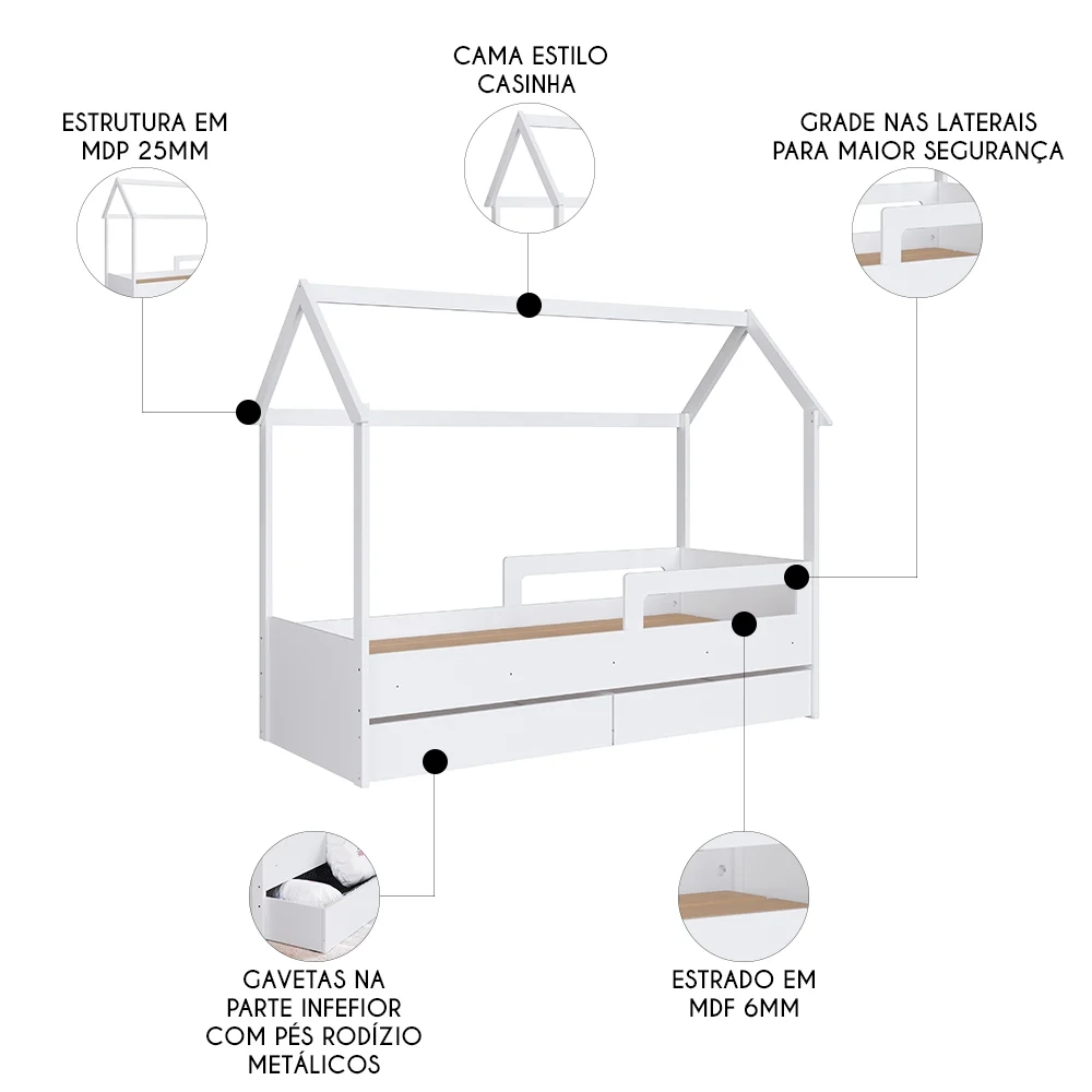 Cama Infantil Casinha Com 2 Gavetas Infix C06 Branco - Mpozenato