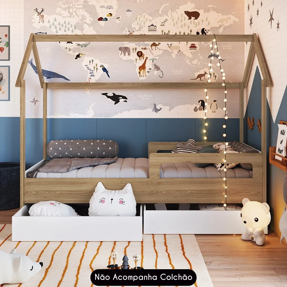 Cama Infantil Casinha Com 2 Gavetas Infix C06 Branco/Aveiro - Mpozenato