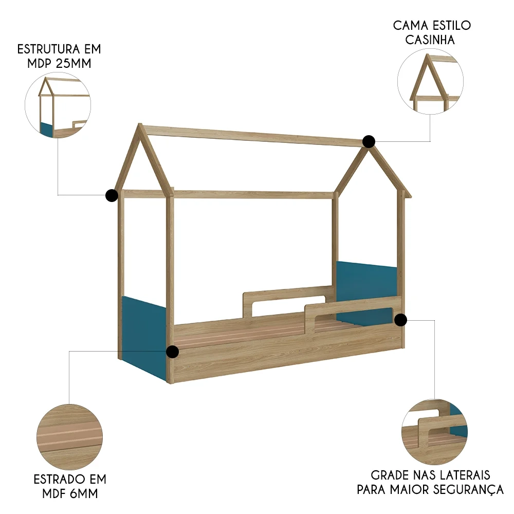 Cama Infantil Montessoriana Casinha Infix C06 Aveiro/Azul - Mpozenato