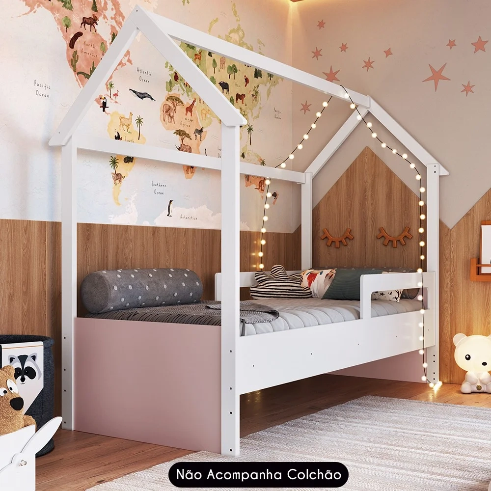 Cama Infantil Montessoriana Casinha Infix C06 Branco/Rosa - Mpozenato