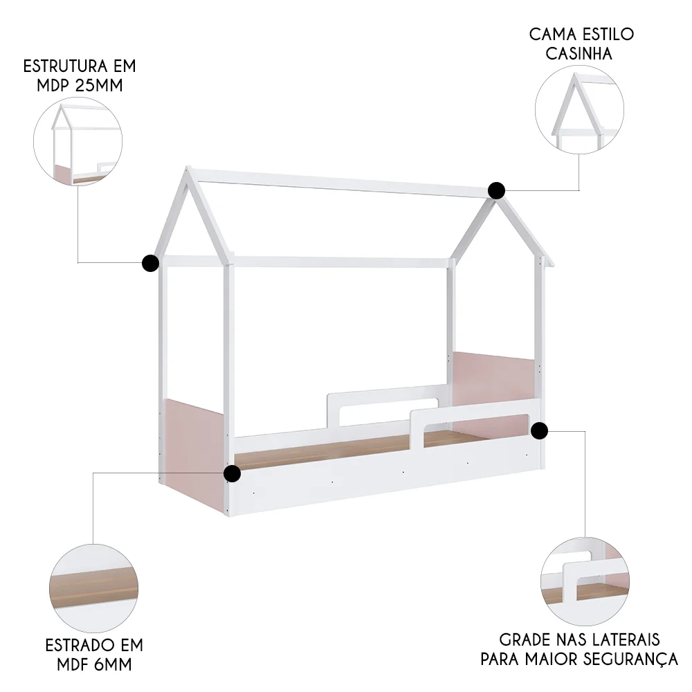 Cama Infantil Montessoriana Casinha Infix C06 Branco/Rosa - Mpozenato