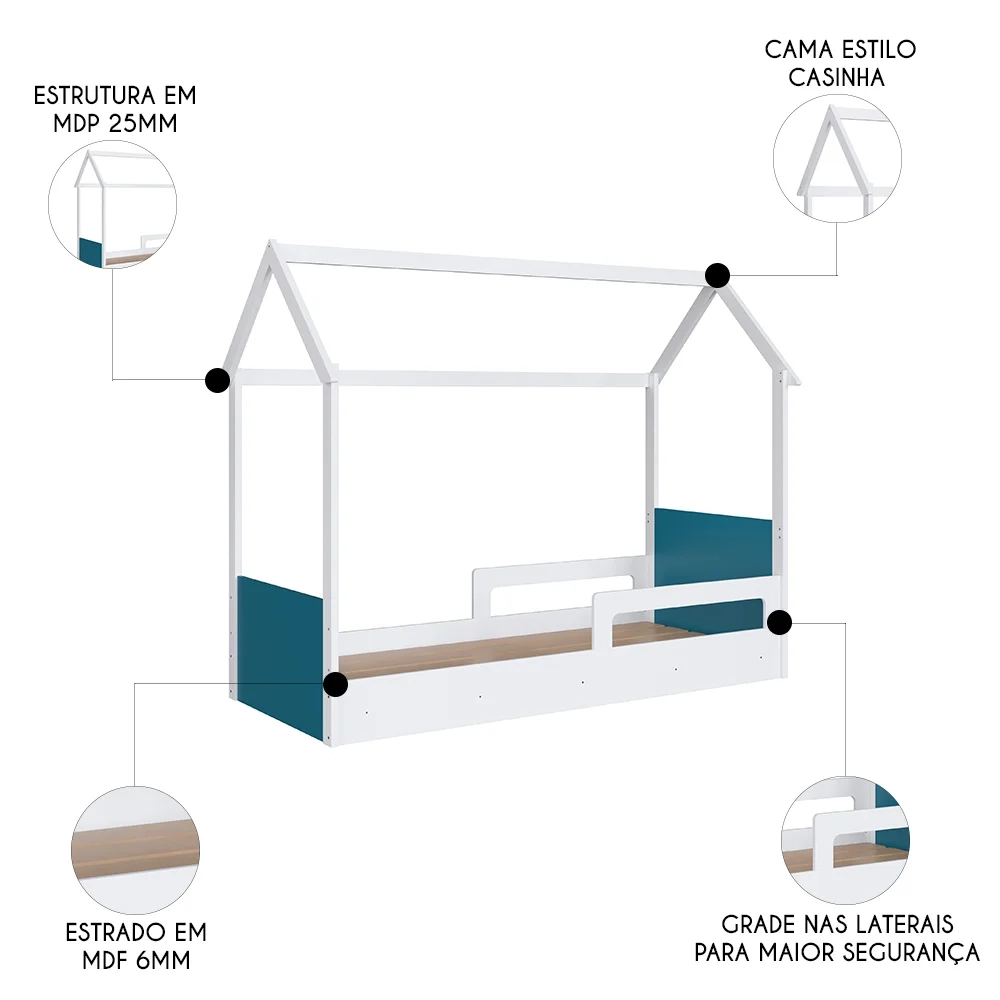 Cama Infantil Montessoriana Casinha Infix C06 Branco/Azul - Mpozenato