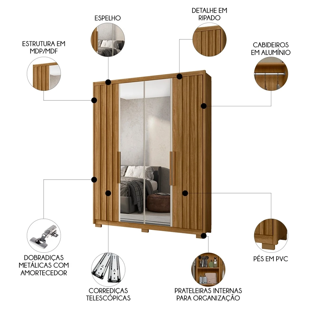 Guarda Roupa Solteiro 176cm Espelho Milão Z17 Freijó/Off - Mpozenato