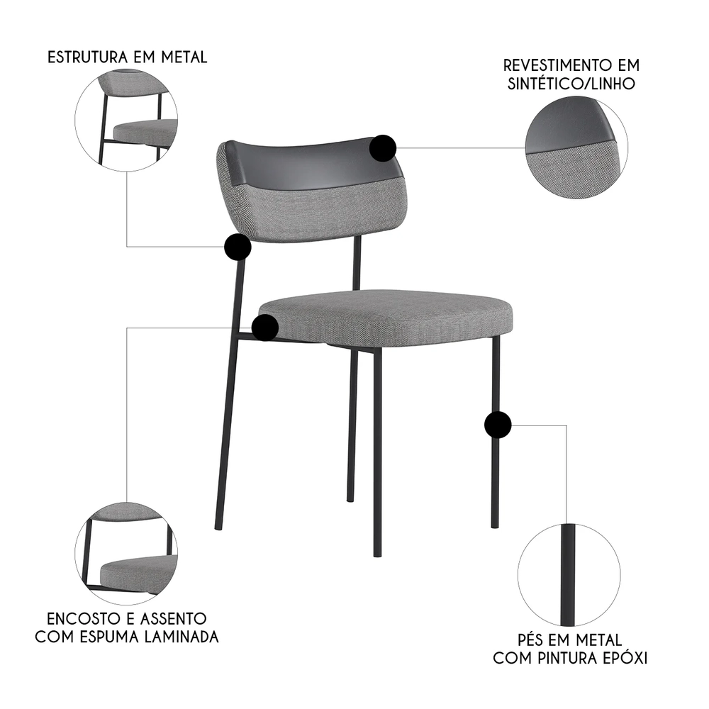 Kit 10 Cadeiras Estofadas Milli Sintético/Linho A14 Preto/Cinza - Mpozenato