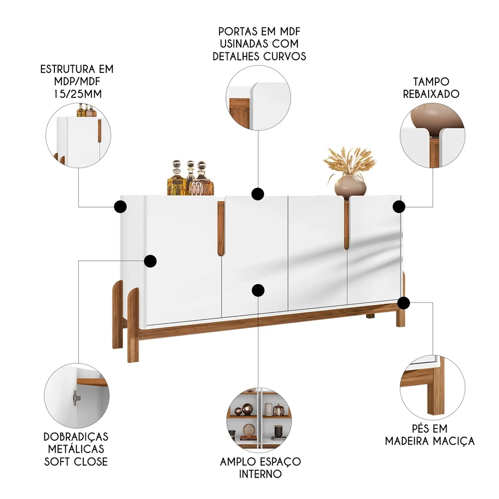 Buffet Aparador 4 Portas Sala de Jantar Nay C14 Branco/Cedro - Mpozenato