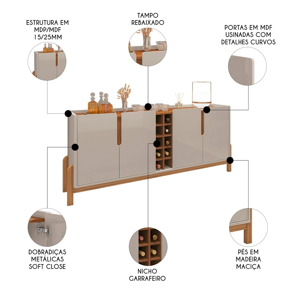 Buffet Aparador Sala de Jantar 190cm Nay C14 Off White/Cedro - Mpozenato