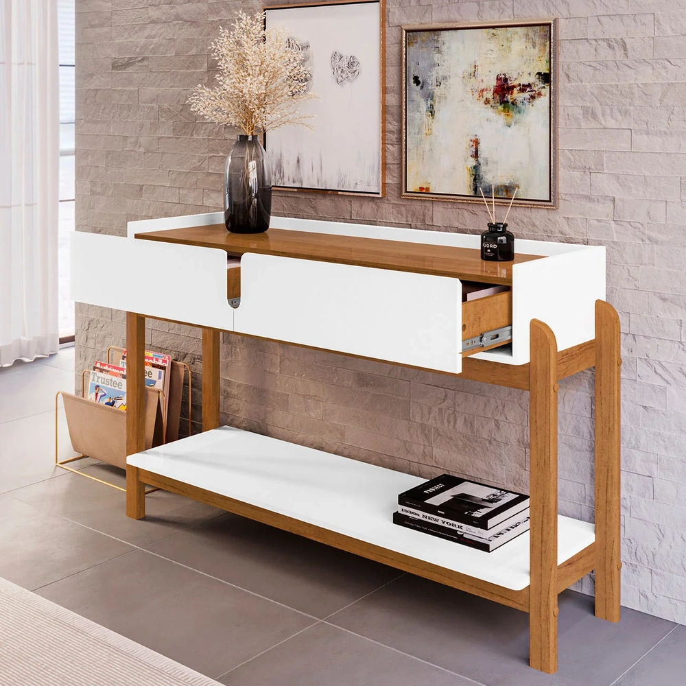 Aparador de Sala 2 Gavetas 130cm Nay C14 Branco/Cedro - Mpozenato