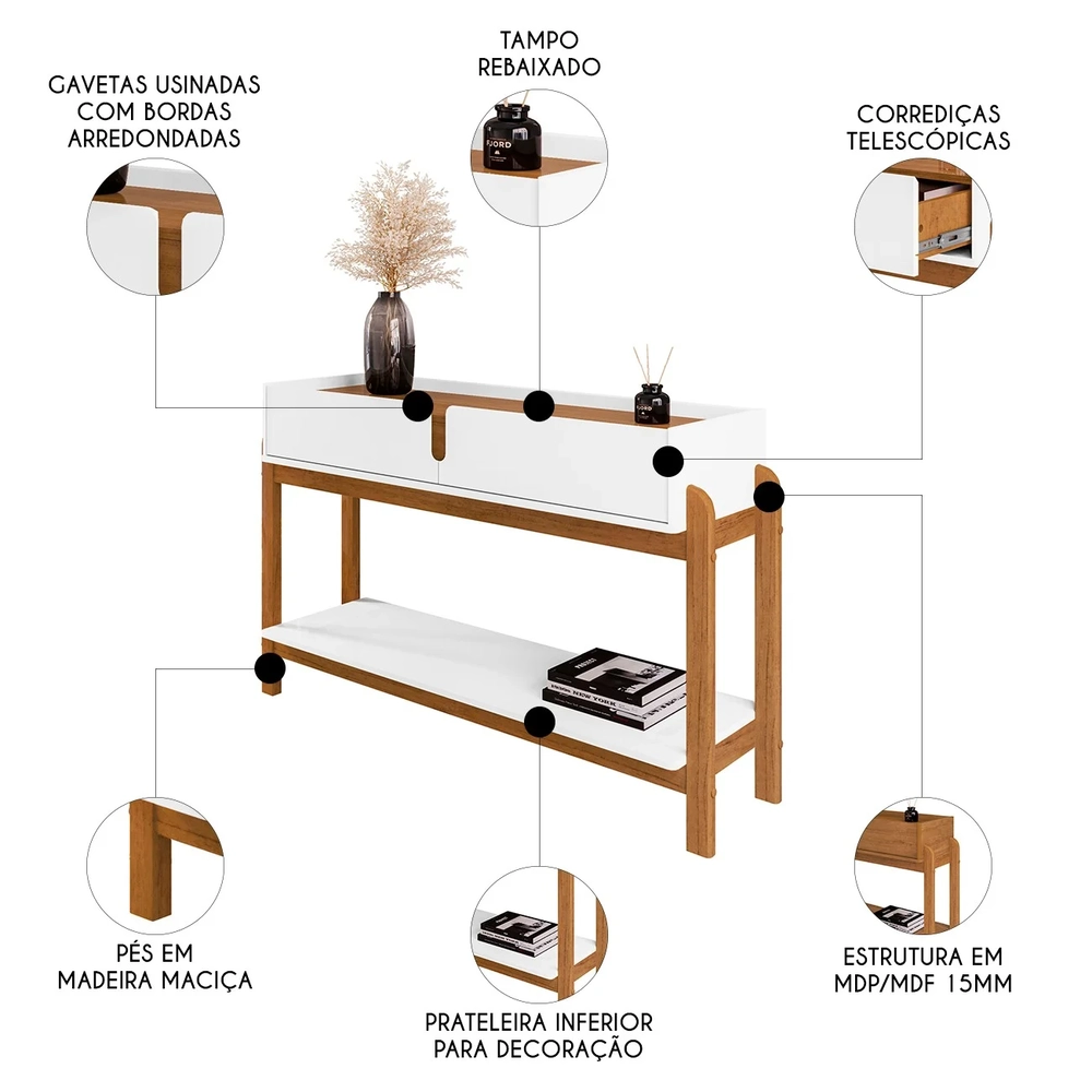 Aparador de Sala 2 Gavetas 130cm Nay C14 Branco/Cedro - Mpozenato
