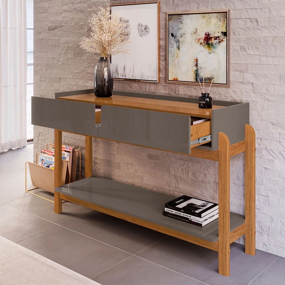 Aparador de Sala 2 Gavetas 130cm Nay C14 Cinza Perola/Cedro - Mpozenato