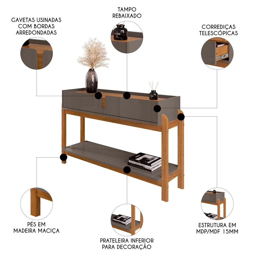 Aparador de Sala 2 Gavetas 130cm Nay C14 Cinza Perola/Cedro - Mpozenato