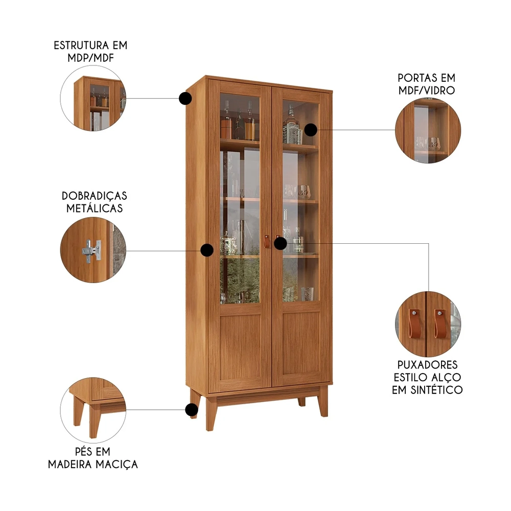 Cristaleira com Portas de Vidro Sala de Jantar Liria C14 Cedro - Mpozenato