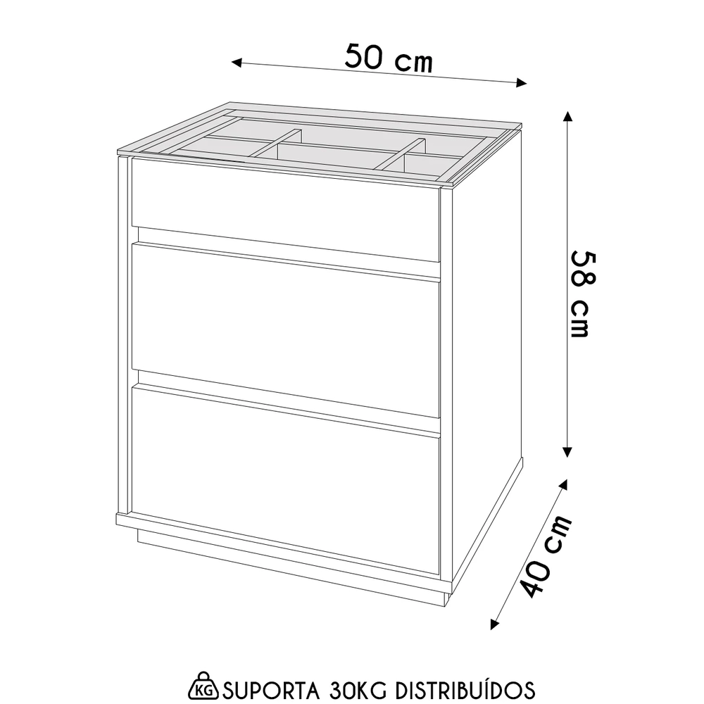 Mesa de Cabeceira 3 Gavetas Tampo de Vidro Belize C14 Cedro - Mpozenato